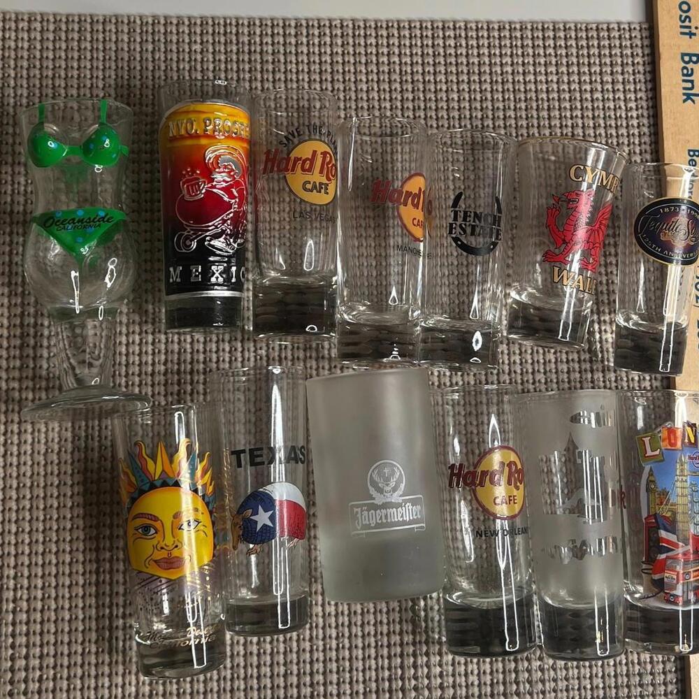 Lot of‎ 13 Souvenir Shot Glasses Hard Rock Cafe London Mexico Wales Jägermeister